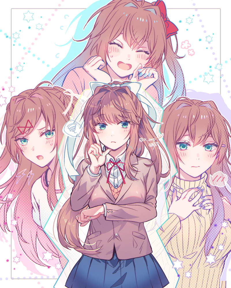 1girl aicedrop alternate_costume alternate_hairstyle angry bangs blue_nails blue_skirt blush border bow breasts brown_hair brown_vest buttons chestnut_mouth closed_eyes closed_mouth commentary_request doki_doki_literature_club dress embarrassed green_eyes green_nails hair_bow hair_ornament hairclip hands_on_own_cheeks hands_on_own_face large_breasts long_sleeves monika_(doki_doki_literature_club) multiple_views nail_polish necktie open_mouth pink_shirt pleated_skirt purple_nails red_bow red_neckwear ribbed_sweater shirt signature simple_background skirt smile spoken_blush spoken_lightning_bolt star_(symbol) sweater thinking upper_body vest white_background white_bow white_dress white_shirt yellow_sweater