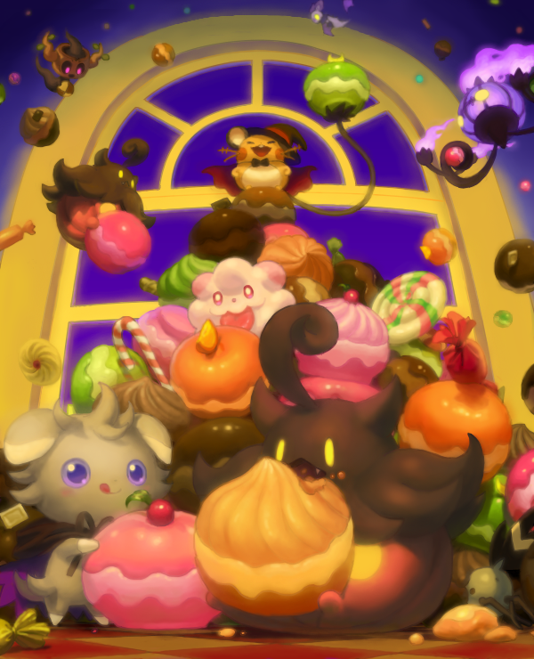 cake candy candy_cane cape chandelure closed_mouth dedenne espurr fletchling floating food food_focus funuyu halloween happy hat indoors lollipop no_humans noibat open_mouth phantump pokemon pumpkaboo red_eyes swirlix tongue violet_eyes window witch_hat yellow_eyes