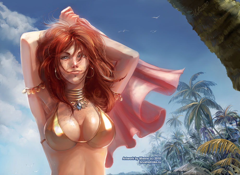 1girl armpits arms_up artist_name bangs bikini bird blue_eyes blue_sky breasts brown_hair choker closed_mouth clouds commentary dancer_(ragnarok_online) dated day ekaterina_orange english_commentary freckles hair_between_eyes jewelry lip_piercing long_hair looking_at_viewer medium_breasts nose_piercing outdoors palm_tree piercing ragnarok_online sky smile solo swimsuit tree upper_body watermark web_address yellow_bikini