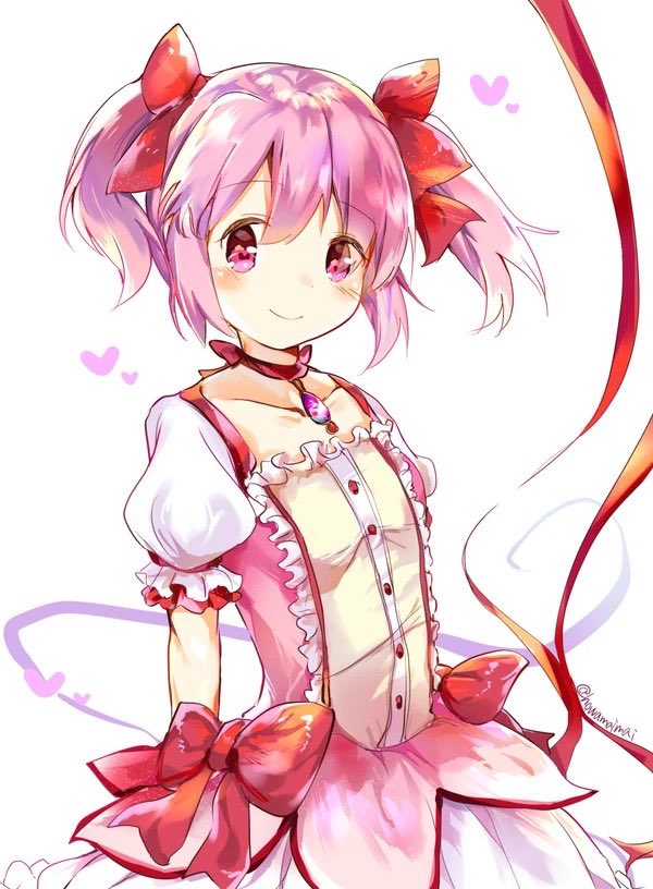 1girl arms_at_sides arms_behind_back blush bow bowtie bubble_skirt eyebrows_visible_through_hair hair_ribbon heart honwaka_shinshi kaname_madoka looking_at_viewer looking_to_the_side magical_girl mahou_shoujo_madoka_magica pink_eyes pink_hair red_bow ribbon skirt smile solo soul_gem twintails upper_body white_background