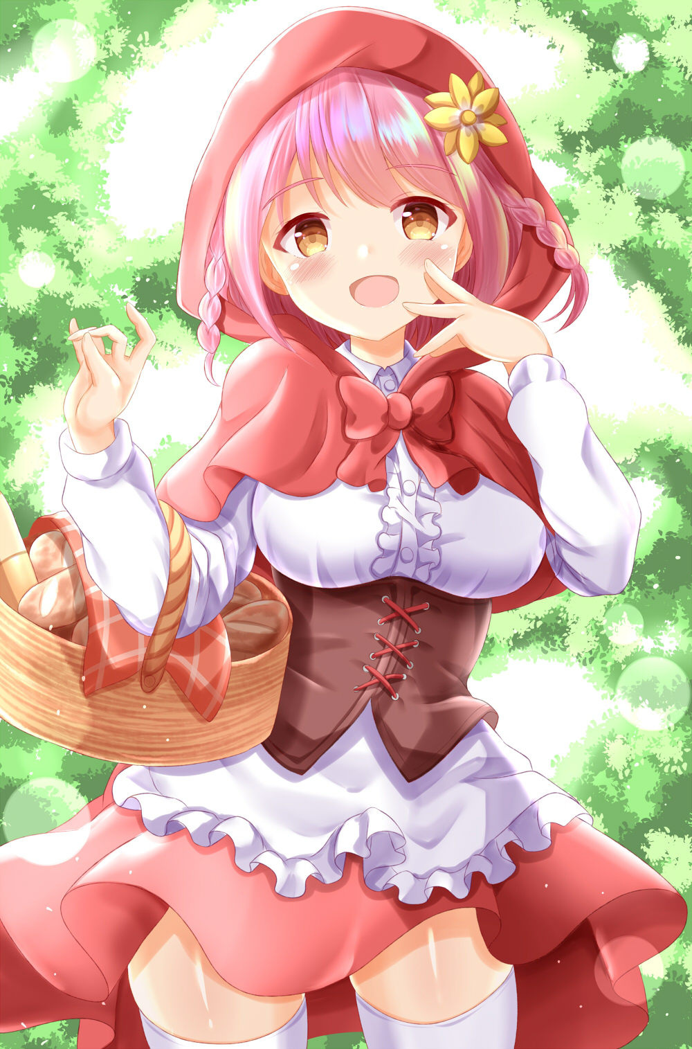 1girl :d apron bangs basket braid bread breasts brown_eyes capelet collared_shirt commentary_request dress_shirt eyebrows_visible_through_hair flower food frilled_apron frills highres hood hood_up hooded_capelet hoshizaki_akari looking_at_viewer medium_breasts ongeki open_mouth pink_hair red_capelet red_skirt shirt skirt smile solo thigh-highs twin_braids underbust waist_apron white_apron white_legwear white_shirt yellow_flower zenon_(for_achieve)
