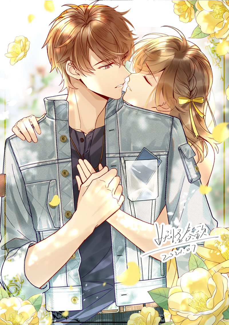 1boy 1girl artist_name bangs blue_jacket blue_shirt bow brown_eyes brown_hair flower hair_bow holding_hands jacket jewelry long_hair luke_pearce_(tears_of_themis) necklace noses_touching open_mouth rosa_(tears_of_themis) rose shirt short_hair sleeves_past_elbows tears_of_themis white_background yellow_flower yellow_rose yookaiharuka