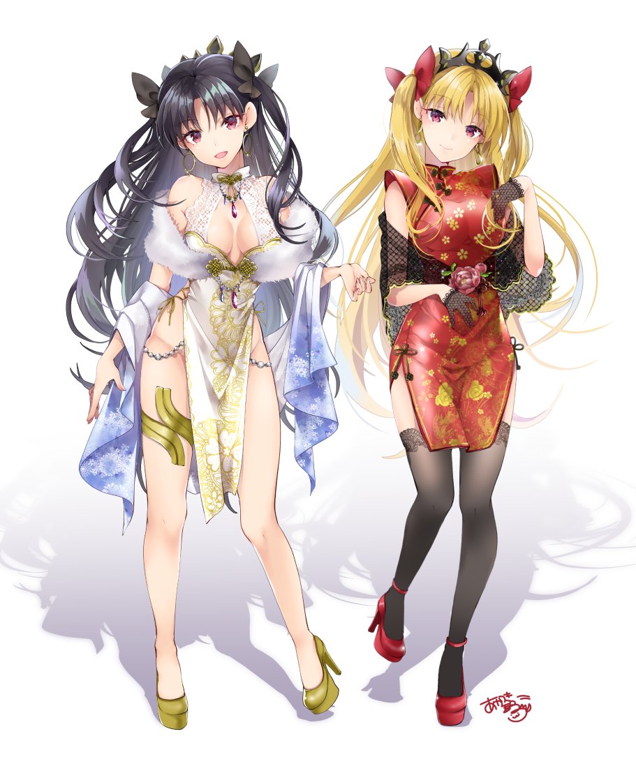 2girls akatsuki_hijiri bangs bare_shoulders blonde_hair blush breasts brown_hair china_dress chinese_clothes collarbone dress ereshkigal_(fate) fate/grand_order fate_(series) full_body gloves high_heels ishtar_(fate) ishtar_(fate)_(all) long_hair looking_at_viewer medium_breasts multiple_girls open_mouth parted_bangs red_dress red_eyes smile tiara two_side_up white_dress