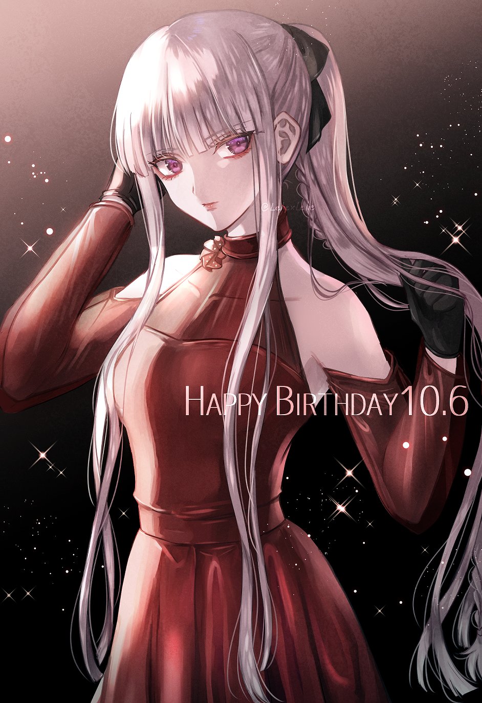 1girl bangs bare_shoulders black_bow black_gloves blunt_bangs bow braid covered_collarbone danganronpa:_trigger_happy_havoc danganronpa_(series) danganronpa_10th_anniversary_costume dated dress eyebrows_visible_through_hair gloves gradient gradient_background grey_background hair_bow hands_up happy_birthday highres kirigiri_kyouko long_hair looking_at_viewer official_alternate_costume pink_eyes ponytail red_dress shiny shiny_hair sidelocks solo sparkle sparkle_background z-epto_(chat-noir86)