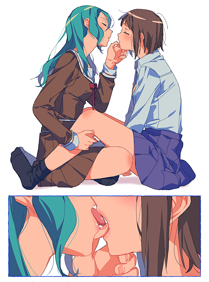 2girls aqua_hair bandolllll bang_dream! black_legwear blush brown_hair closed_eyes commentary_request french_kiss haneoka_school_uniform hazawa_tsugumi hikawa_sayo kiss long_hair medium_hair multiple_girls parted_lips school_uniform shadow simple_background sitting socks tongue tongue_out white_background yuri