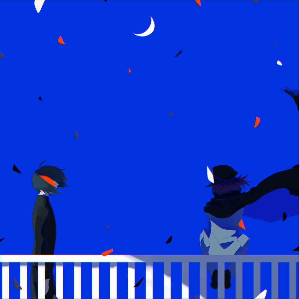 2boys ahoge black_cape black_hair black_headwear black_jacket blue_background blue_cape cape crescent_moon danganronpa_(series) danganronpa_v3:_killing_harmony facing_another floating_cape from_behind from_side jacket long_sleeves moon multiple_boys ouma_kokichi petals railing saihara_shuuichi short_hair sitting sky sumika_(rrz03) wind