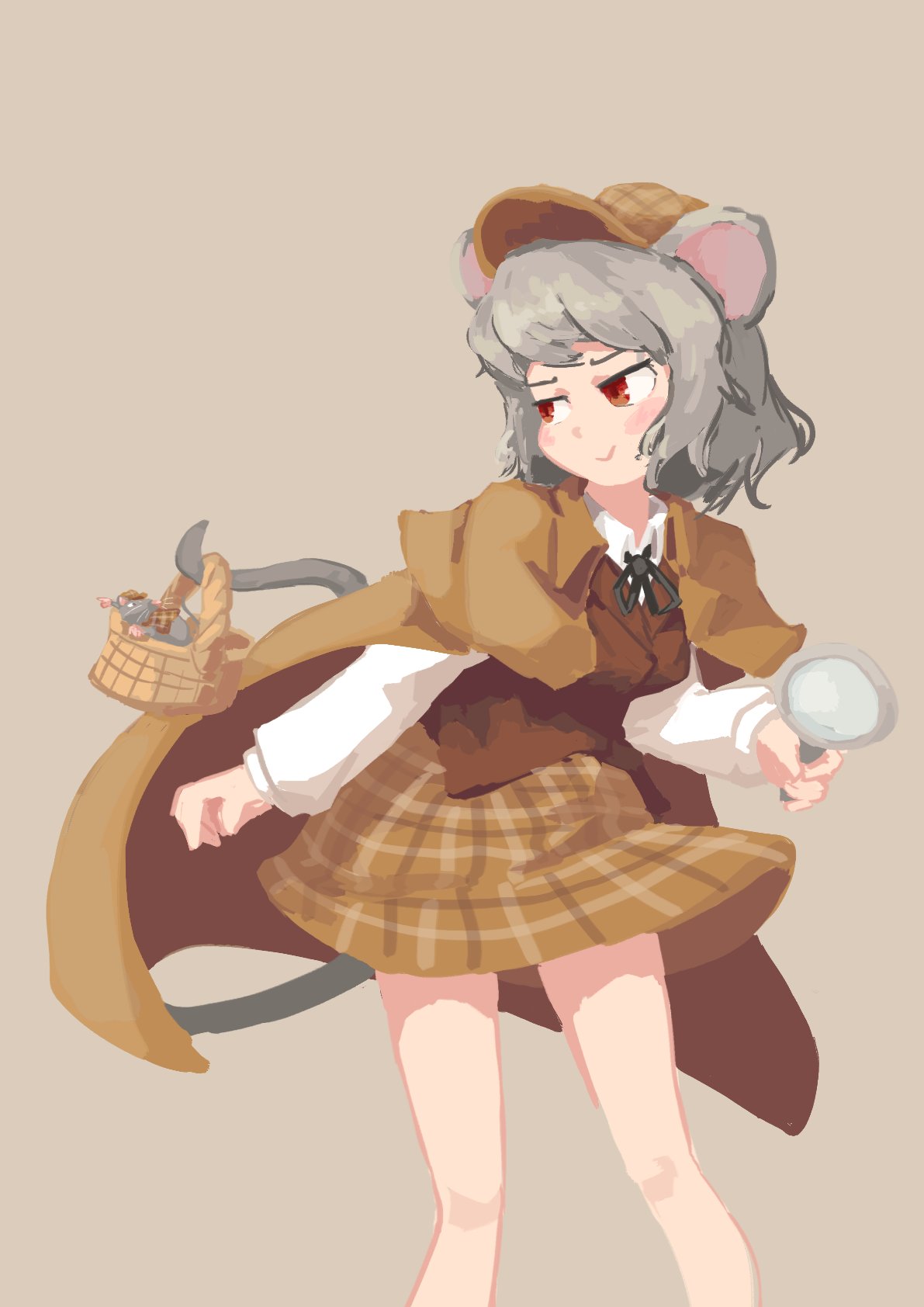 1girl alternate_costume animal_ears bare_legs black_neckwear black_ribbon brown_cape brown_headwear brown_skirt brown_vest cape cowboy_shot detective grey_hair hat highres hyoutan_tan long_sleeves magnifying_glass mouse mouse_ears mouse_girl mouse_tail nazrin plaid plaid_skirt red_eyes ribbon shirt short_hair simple_background skirt standing tail touhou vest white_shirt