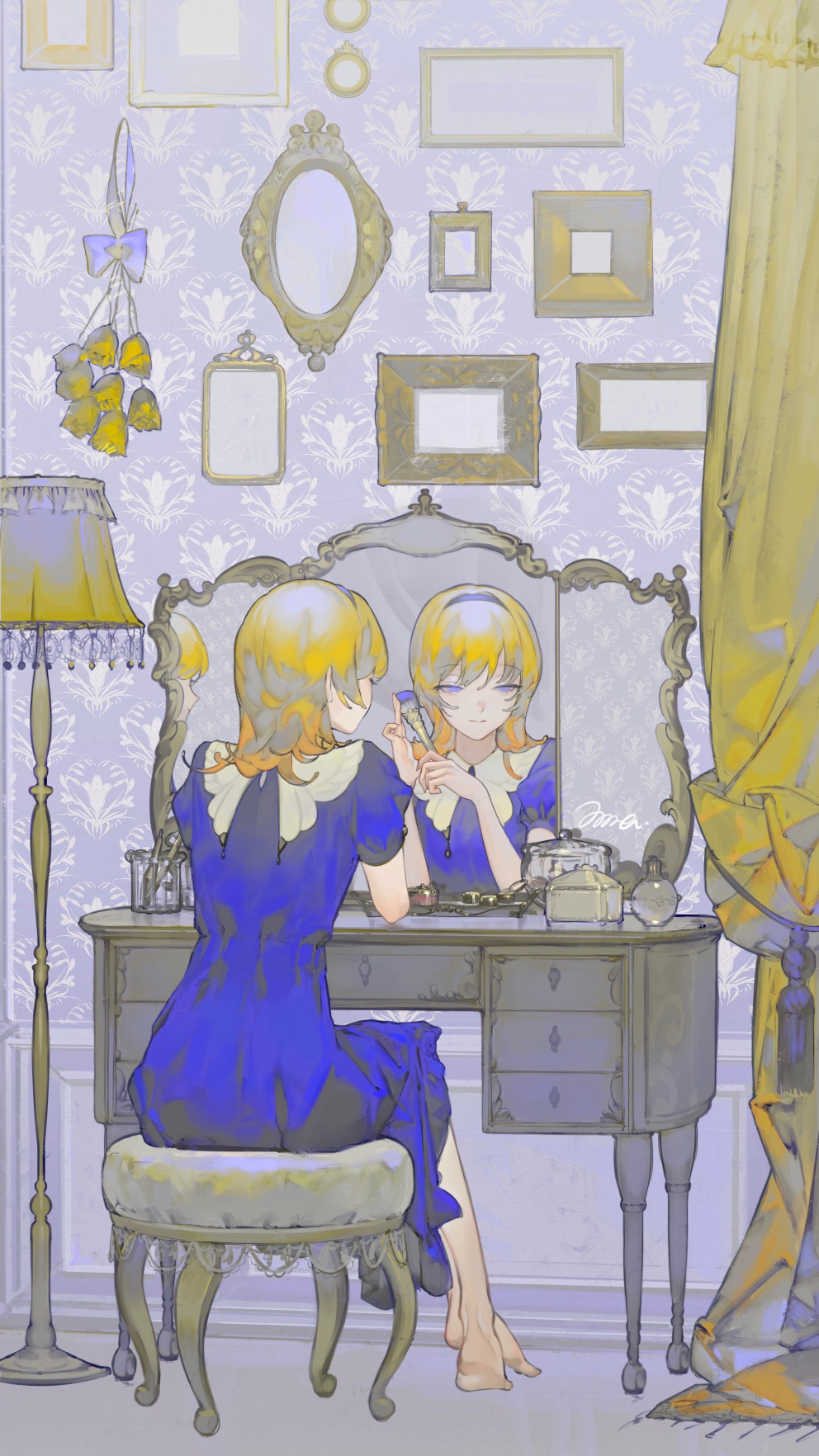 1girl bangs barefoot blonde_hair blue_dress blue_hairband curtains dress flower from_behind hairband highres holding holding_brush indoors lamp limited_palette makeup_brush mallllma medium_hair mirror original reflection short_sleeves signature sitting solo stool yellow_flower
