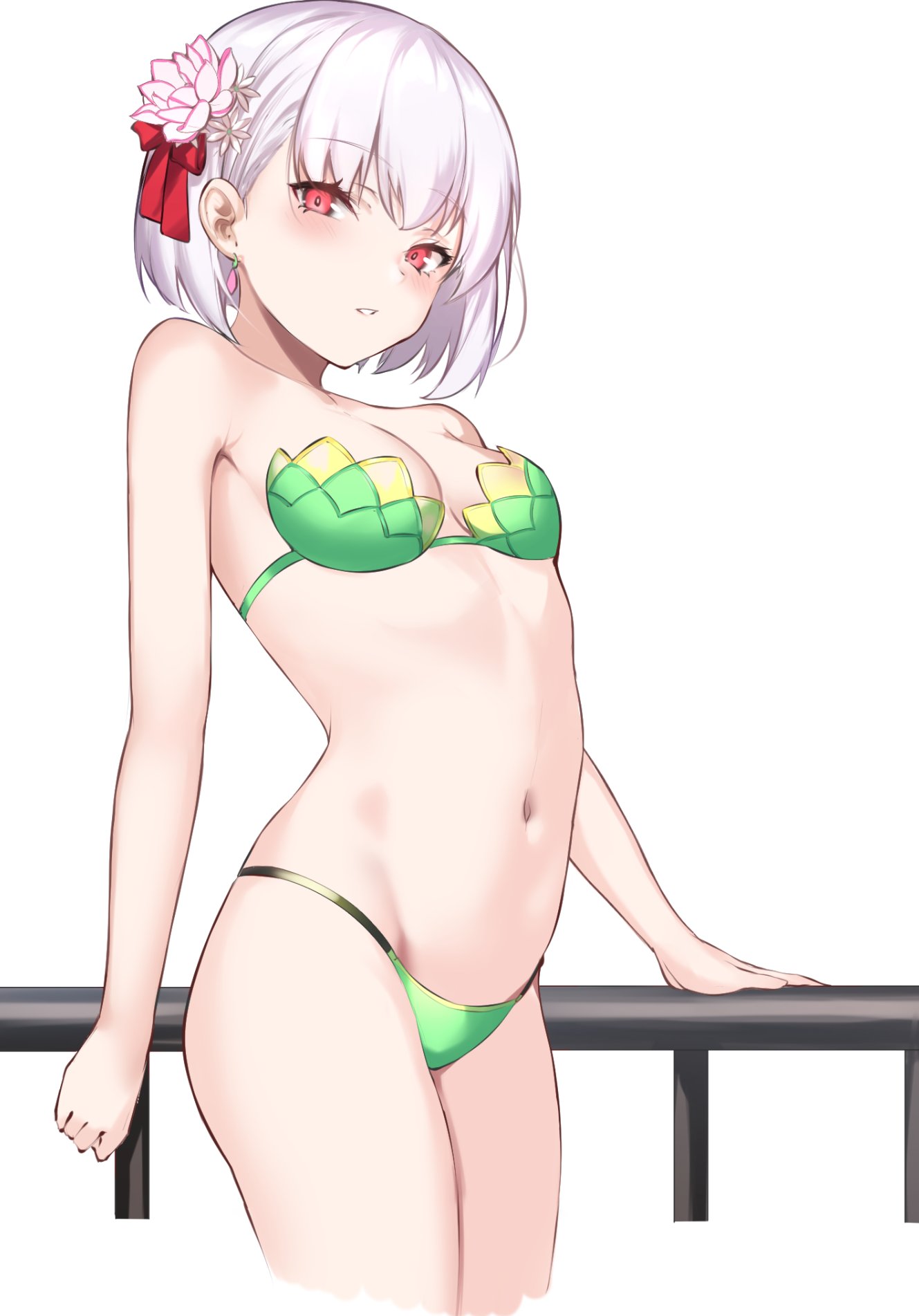 1girl bangs bare_shoulders bikini blush breasts collarbone earrings fate/grand_order fate_(series) flower green_bikini hair_flower hair_ornament highres jewelry kama_(fate) kama_(swimsuit_avenger)_(fate) looking_at_viewer navel red_eyes short_hair silver_hair small_breasts smile spider_apple swimsuit thighs
