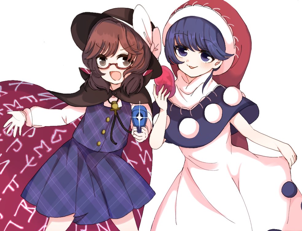 2girls beiebeid black_capelet blue_eyes blue_hair bow brown_hair capelet cloak cowboy_shot doremy_sweet dress eyebrows_visible_through_hair fedora floating_cape glasses gun hat hat_bow high_collar holding holding_clothes holding_dress long_sleeves looking_at_viewer low_twintails multicolored multicolored_clothes multicolored_dress multiple_girls nightcap open_mouth plaid plaid_skirt plaid_vest pom_pom_(clothes) purple_vest red-framed_eyewear red_headwear school_uniform semi-rimless_eyewear short_hair simple_background skirt touhou twintails under-rim_eyewear usami_sumireko vest weapon white_background