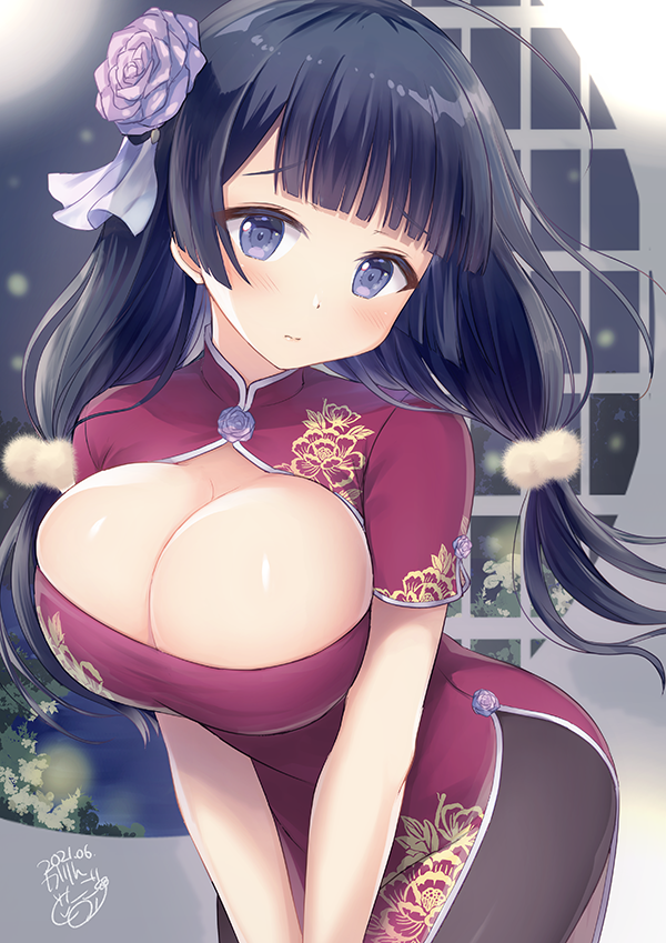 1girl ahoge bangs black_hair black_legwear blue_eyes blunt_bangs blush breasts china_dress chinese_clothes cleavage_cutout clothing_cutout dress floral_print flower hair_flower hair_ornament indoors large_breasts leaning_forward long_hair low_twintails original pantyhose pelvic_curtain pom_pom_(clothes) pom_pom_hair_ornament red_dress round_window short_sleeves side_slit solo tougo twintails