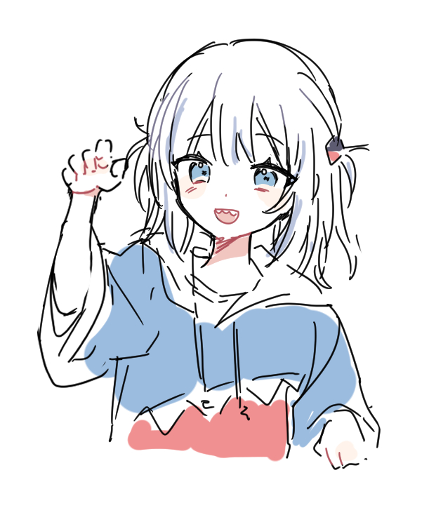 1girl :d bangs blue_eyes blue_hoodie claw_pose clip_studio_paint_(medium) cropped_torso drawstring eyebrows_visible_through_hair gawr_gura hair_ornament hand_up hololive hololive_english hood hood_down hoodie looking_at_viewer moffle_(ayabi) open_mouth sharp_teeth short_sleeves simple_background sketch smile solo teeth two_side_up upper_body virtual_youtuber white_background white_hair wide_sleeves