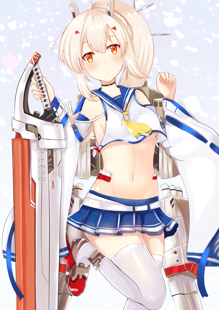 1girl ascot ayanami_(azur_lane) azur_lane bangs belt blue_skirt breasts choker commentary_request detached_sleeves eyebrows_visible_through_hair greatsword hair_between_eyes hair_ornament hairclip headgear holding holding_sword holding_weapon long_hair long_sleeves looking_at_viewer machinery navel nibosi orange_eyes parted_lips pleated_skirt ponytail retrofit_(azur_lane) ribbon-trimmed_sleeves ribbon_trim school_uniform serafuku sidelocks silver_hair simple_background skirt solo standing standing_on_one_leg stomach sword thigh-highs turret under_boob weapon white_background white_legwear wide_sleeves zettai_ryouiki