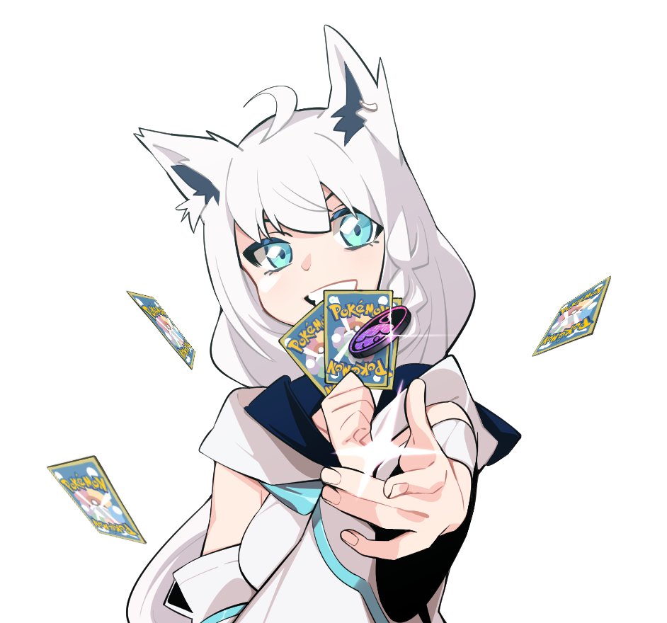 1girl ahoge animal_ear_fluff animal_ears aqua_eyes bangs braid card commentary_request detached_sleeves fox_ears fox_girl holding holding_card hololive looking_at_viewer pokemon ronin_(zeth_total) shirakami_fubuki solo virtual_youtuber white_hair