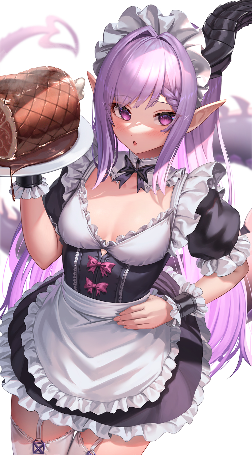 1girl apron black_dress bone boned_meat breasts dragon_girl dragon_horns dragon_tail dress food frilled_apron frilled_dress frills garter_straps highres holding holding_plate horns long_hair maid maid_apron maid_headdress meat original plate pointy_ears puffy_short_sleeves puffy_sleeves purple_hair short_dress short_sleeves single_horn small_breasts solo suraimu_(suraimuraimu) tail thigh-highs very_long_hair violet_eyes waist_apron white_apron white_legwear wrist_cuffs