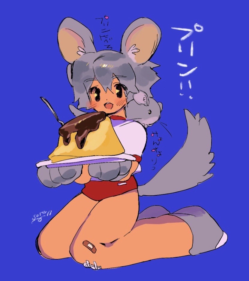 1girl animal_ears black_eyes blue_background blush food grey_hair mouse_ears mouse_girl mouse_on_shoulder open_mouth original plate pudding red_shorts shirt short_hair short_sleeves shorts simple_background smile solo soreeyu_(sore-yu) tail white_shirt