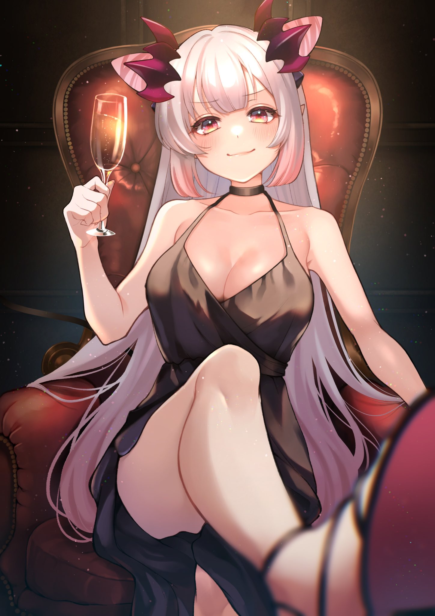 1girl 774_inc. alcohol alternate_costume black_dress blush breasts chair collarbone cup demon_girl dot_nose dress eyebrows_visible_through_hair foreshortening gradient_hair highres holding holding_cup honey_strap horns indoors large_breasts leg_up light_particles long_hair multicolored_hair sitting smile solo suou_patra toramaru_(toramal9831) very_long_hair virtual_youtuber white_hair