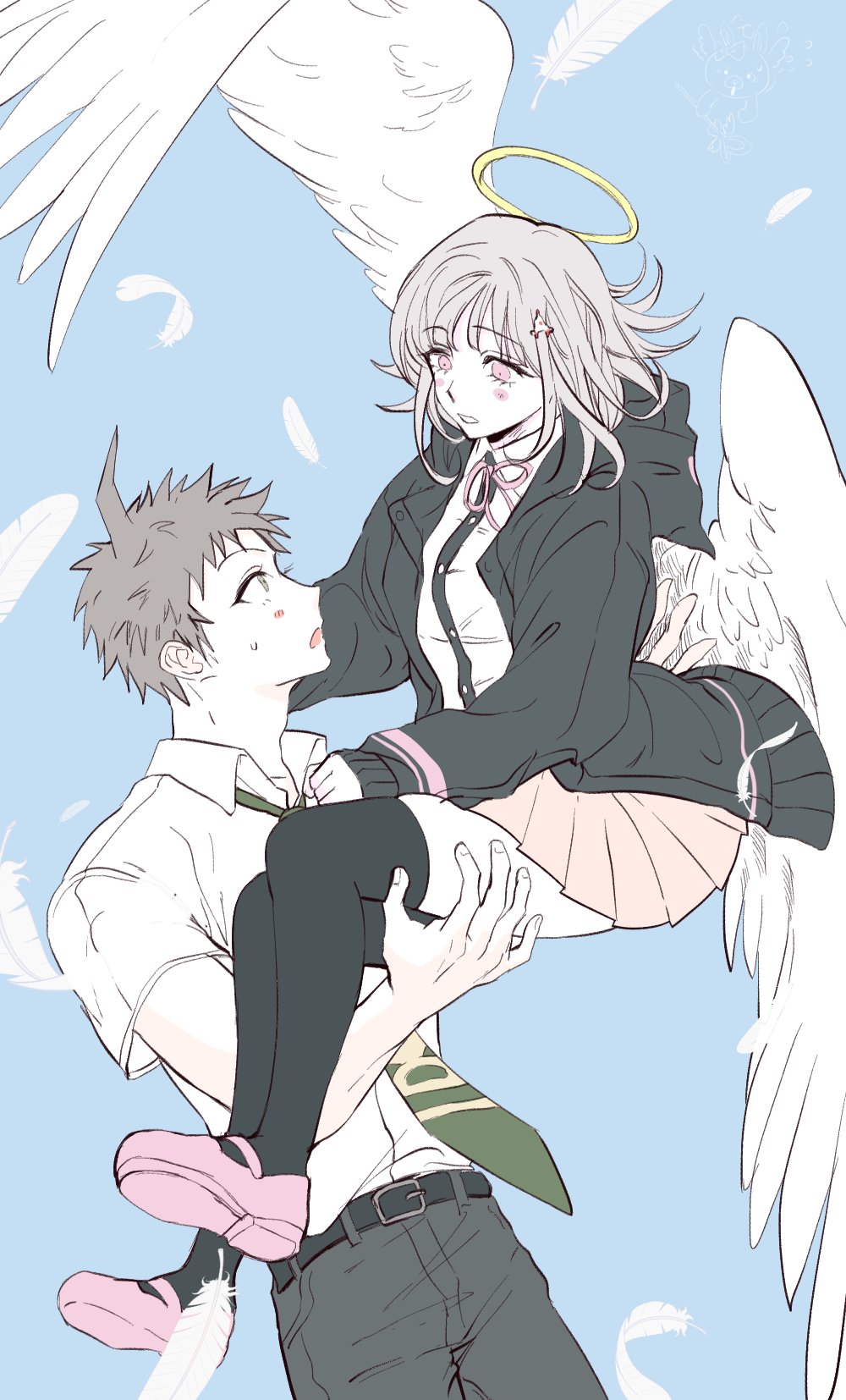 1boy 1girl ahoge angel_wings bangs belt black_jacket black_legwear black_shirt brown_hair danganronpa_(series) danganronpa_2:_goodbye_despair dress_shirt feathered_wings hair_ornament hairclip highres hinata_hajime hood jacket nanami_chiaki open_clothes open_jacket pants pink_eyes pink_footwear pink_ribbon pleated_skirt ribbon shirt shoes short_hair skindentation skirt thigh-highs two-tone_shirt umsotasty white_feathers white_shirt white_wings wings