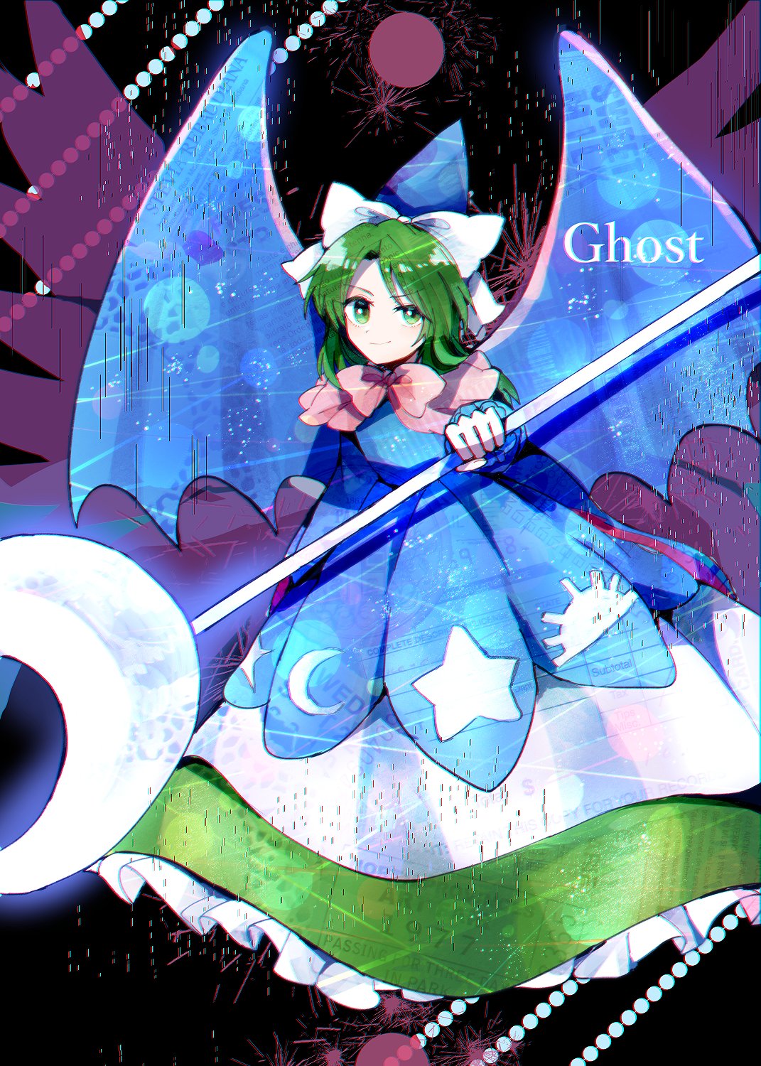 1girl blue_dress blue_headwear blue_wings bow closed_mouth crescent crescent_print demon_wings dress eyebrows_visible_through_hair green_eyes green_hair hat hat_bow highres itomugi-kun long_hair looking_at_viewer mima_(touhou) pink_neckwear smile staff star_(symbol) star_print sun_print sun_symbol touhou touhou_(pc-98) white_bow wings wizard_hat