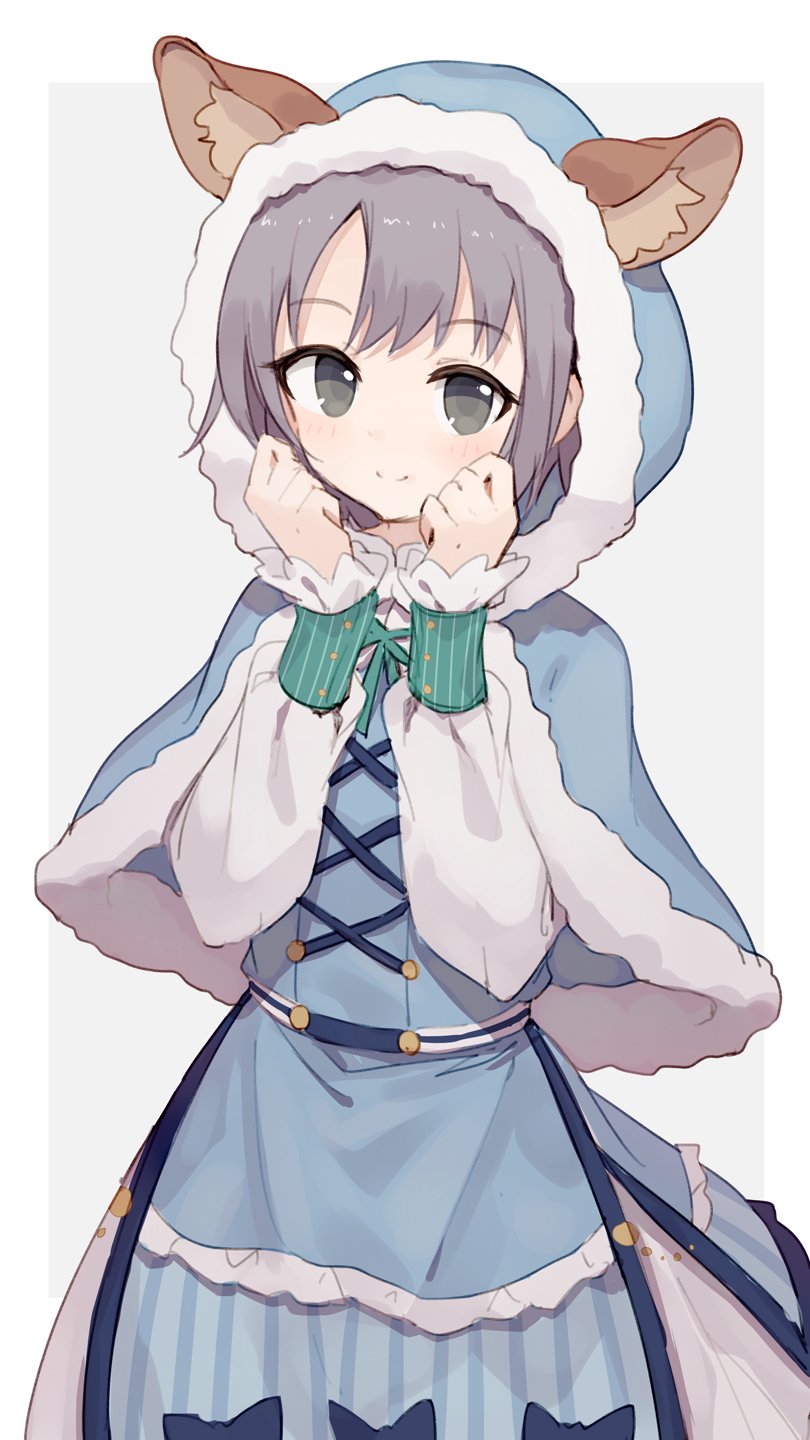 1girl animal_ear_fluff animal_ears animal_hood blue_capelet blush capelet commentary eyebrows_visible_through_hair fake_animal_ears fur-trimmed_capelet fur-trimmed_hood fur_trim grey_background grey_eyes grey_hair highres hood hood_up hooded_capelet idolmaster idolmaster_cinderella_girls long_sleeves looking_at_viewer otokura_yuuki shone short_hair simple_background smile solo split_mouth