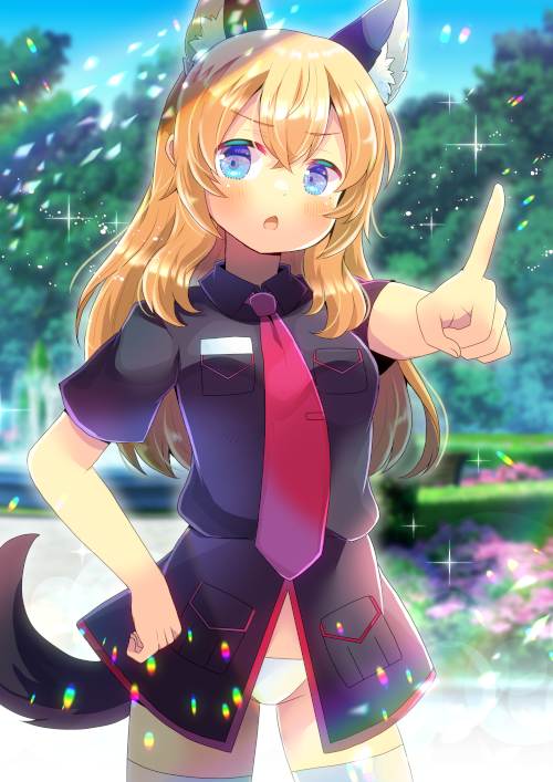 1girl animal_ear_fluff animal_ears bangs black_jacket blonde_hair blue_eyes blurry blurry_background blush chestnut_mouth commission depth_of_field eyebrows_visible_through_hair flower groin hair_between_eyes index_finger_raised jacket kou_hiyoyo lens_flare long_hair necktie no_pants original outstretched_arm panties pink_flower red_neckwear short_sleeves skeb_commission solo tail thigh-highs underwear white_legwear white_panties