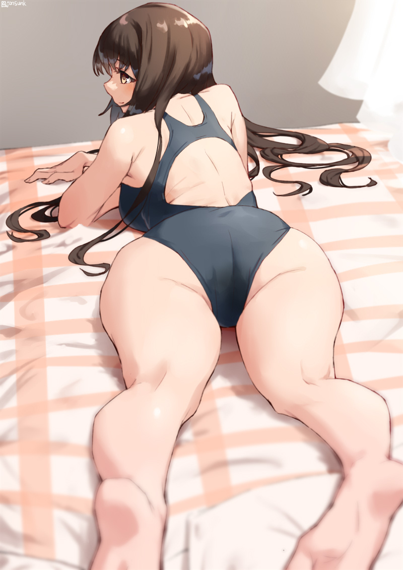 ass back barefoot brown_eyes brown_hair competition_swimsuit curtains from_behind jonsun kneepits long_hair looking_to_the_side lying on_bed on_stomach one-piece_swimsuit original swimsuit thighs