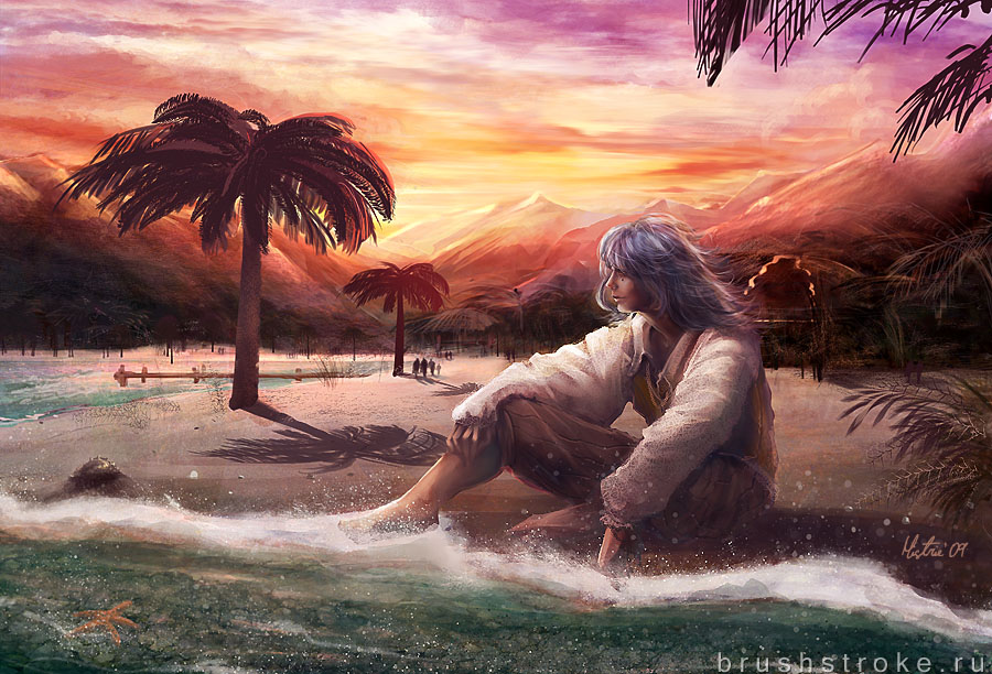 1boy baggy_pants bangs barefoot beach blue_hair brown_pants brown_vest closed_mouth clown_(ragnarok_online) collared_shirt commentary commentary_request dated ekaterina_orange english_commentary facial_tattoo full_body in-universe_location looking_afar looking_to_the_side medium_hair mountain mountainous_horizon ocean orange_sky palm_tree pants people pier ragnarok_online scenery shirt signature sitting sky solo_focus sunset tattoo teardrop_tattoo tree vest water watermark waves web_address white_shirt