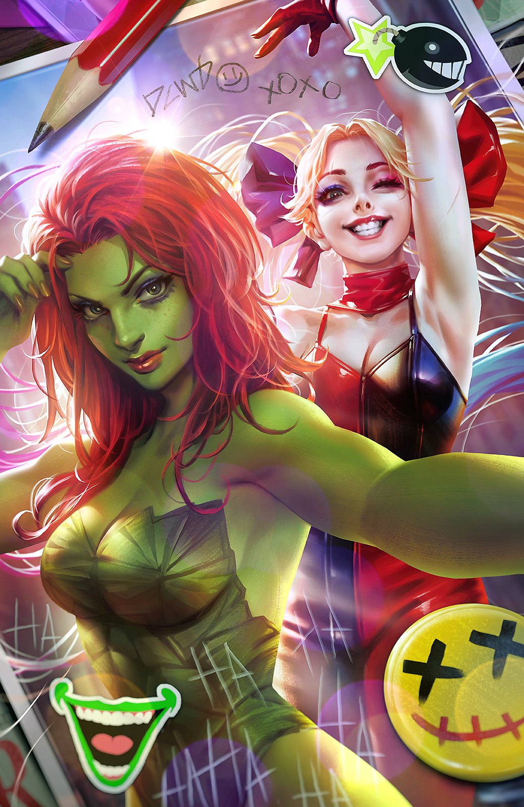 2girls :d arm_up bangs blonde_hair bodysuit bomb breasts colored_skin cover cover_page dc_comics dcwj eyeliner freckles green_leotard green_skin grin hair_ribbon harley_quinn highres jumpsuit leotard lips looking_at_viewer makeup mascara medium_breasts multiple_girls nail_polish one_eye_closed open_mouth outstretched_arm pale_skin parted_bangs pencil poison_ivy red_lips redhead ribbon smile thick_thighs thighs twintails x)