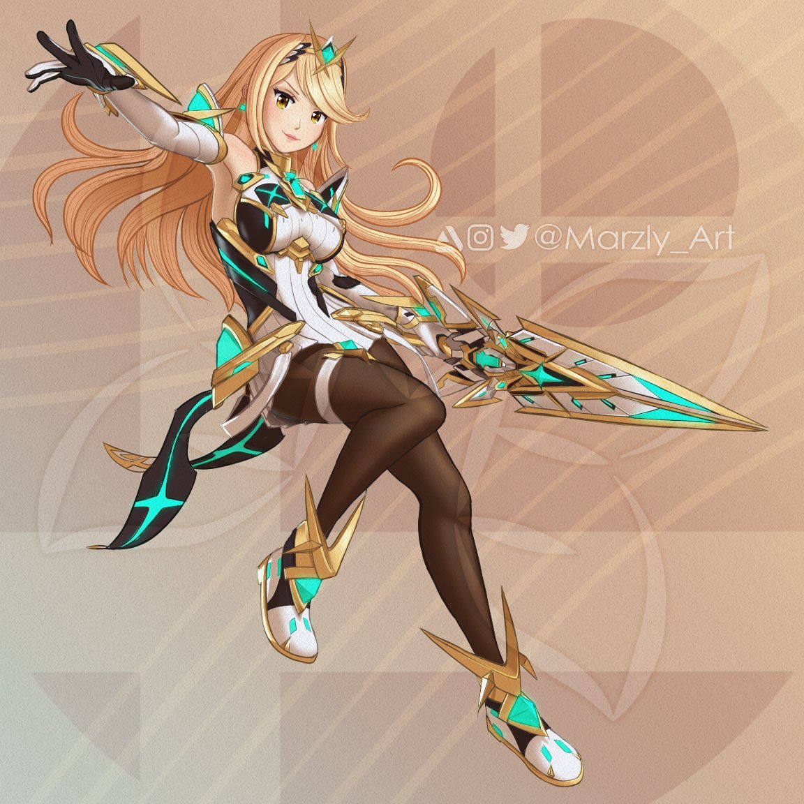 1girl artist_name artist_request blonde_hair breasts dress earrings elbow_gloves gem gloves glowing hair_ornament headpiece holding holding_sword holding_weapon jewelry large_breasts logo looking_at_viewer mythra_(massive_melee)_(xenoblade) mythra_(xenoblade) open_mouth pantyhose pose smile solo sword thigh_strap thighs tiara watermark weapon xenoblade_chronicles_(series) xenoblade_chronicles_2 yellow_eyes