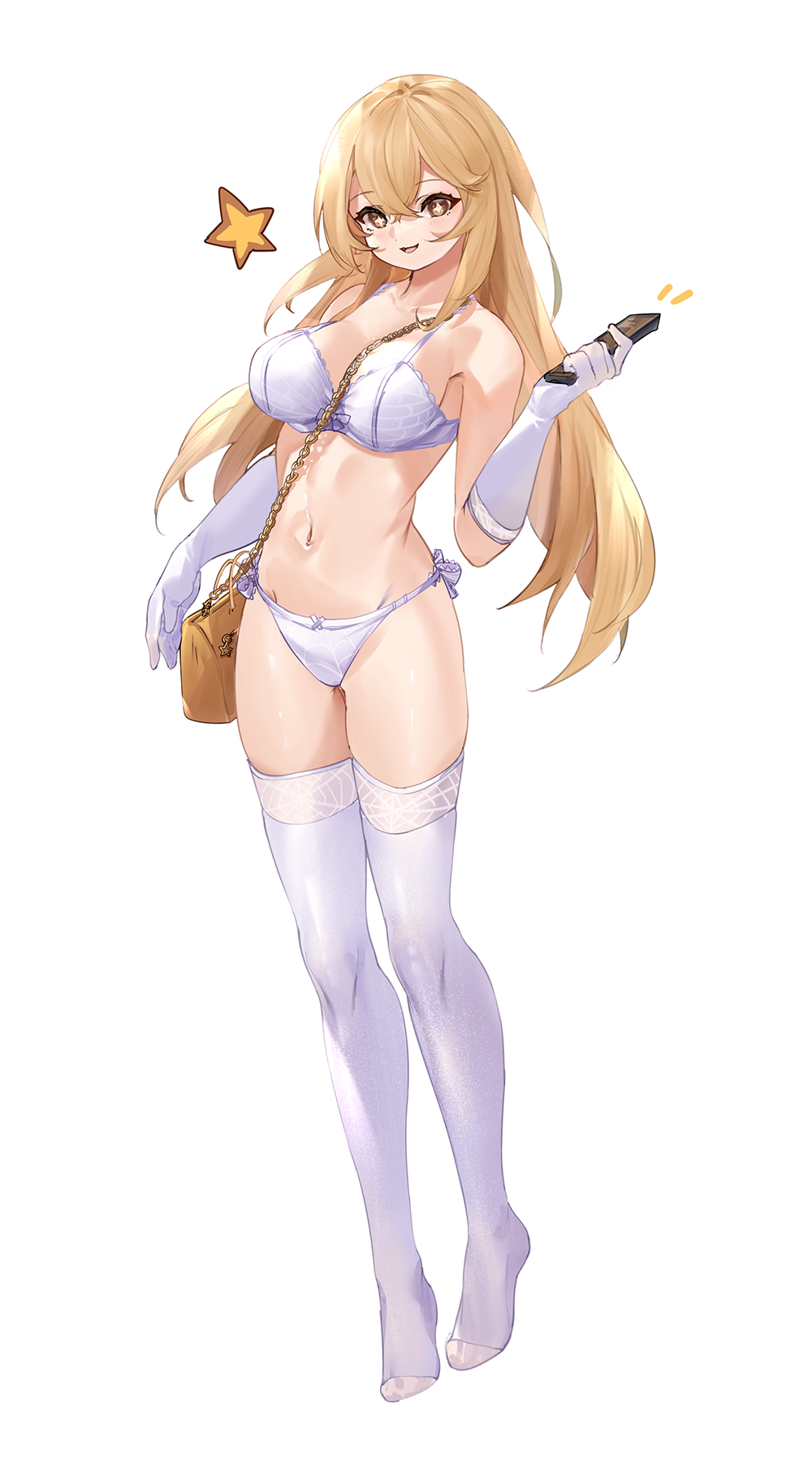 +_+ 1girl bag between_breasts blonde_hair bra breasts controller elbow_gloves frilled_bra frills full_body gloves handbag highres holding holding_remote_control lace-trimmed_gloves lace_trim large_breasts long_hair majo_(pastamajo) panties remote_control shokuhou_misaki side-tie_panties simple_background solo standing star_(symbol) strap_between_breasts symbol-shaped_pupils thigh-highs toaru_kagaku_no_railgun toaru_majutsu_no_index underwear v-neck white_background white_bra white_gloves white_legwear white_panties yellow_eyes