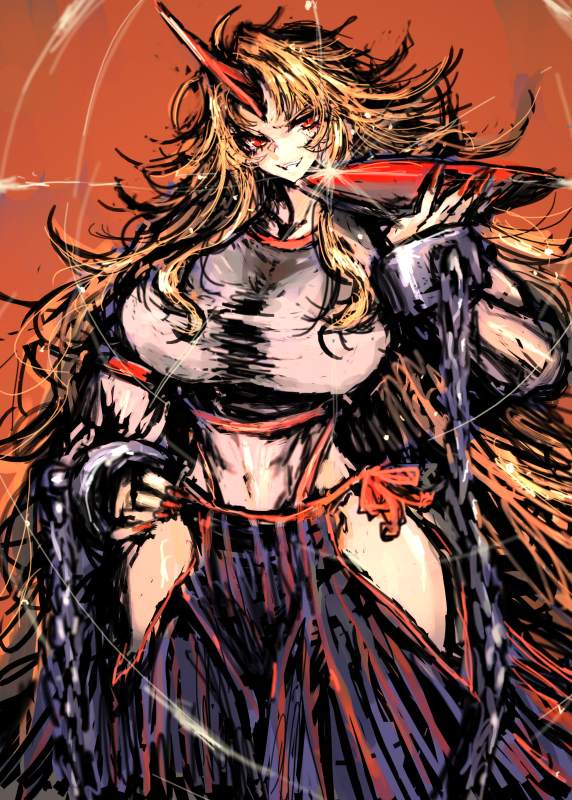 1girl blonde_hair breasts chain cuffs cup hand_on_hip holding horns hoshiguma_yuugi large_breasts long_hair midriff moto_murabito muscular oni red_eyes sakazuki shirt single_horn skirt solo sparkle thighs touhou very_long_hair