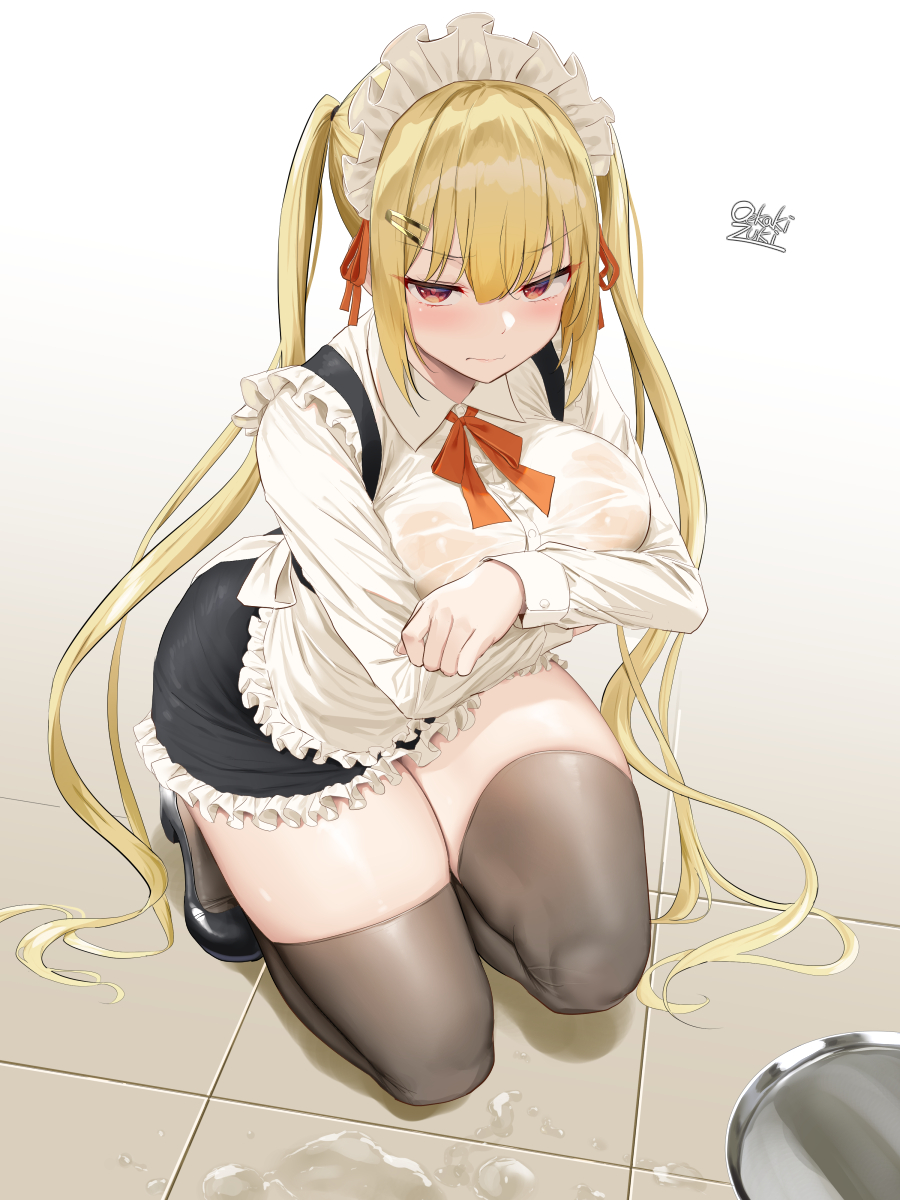 1girl bangs black_footwear black_legwear black_skirt blonde_hair blush breasts brown_eyes commentary_request covering covering_chest eyebrows_visible_through_hair frilled_skirt frills hair_between_eyes hair_ornament hairclip highres large_breasts looking_at_viewer maid maid_headdress no_bra oekakizuki original red_eyes see-through shirt sidelocks signature skindentation skirt solo spill squatting thick_thighs thigh-highs thighs tray twintails wet wet_clothes wet_shirt