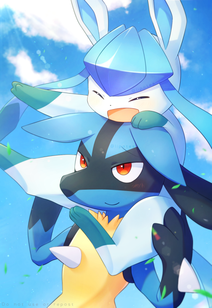 alopias arms_up artist_name blue_sky blurry blush bokeh carrying carrying_over_shoulder closed_eyes closed_mouth clouds depth_of_field glaceon leaves_in_wind lucario no_humans on_shoulder open_mouth pokemon pokemon_(creature) red_eyes sky smile upper_body