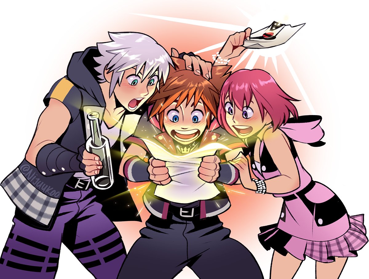 1girl 2boys belt blue_eyes blush bottle bracelet brown_hair crown_(symbol) fingerless_gloves glass_bottle gloves glowing hand_on_another's_arm hand_on_another's_head jewelry kairi_(kingdom_hearts) kingdom_hearts kingdom_hearts_iii letter multiple_boys necklace nijuuni open_mouth pink_hair riku_(kingdom_hearts) short_hair silver_hair smash_invitation sora_(kingdom_hearts) spiky_hair super_smash_bros. surprised