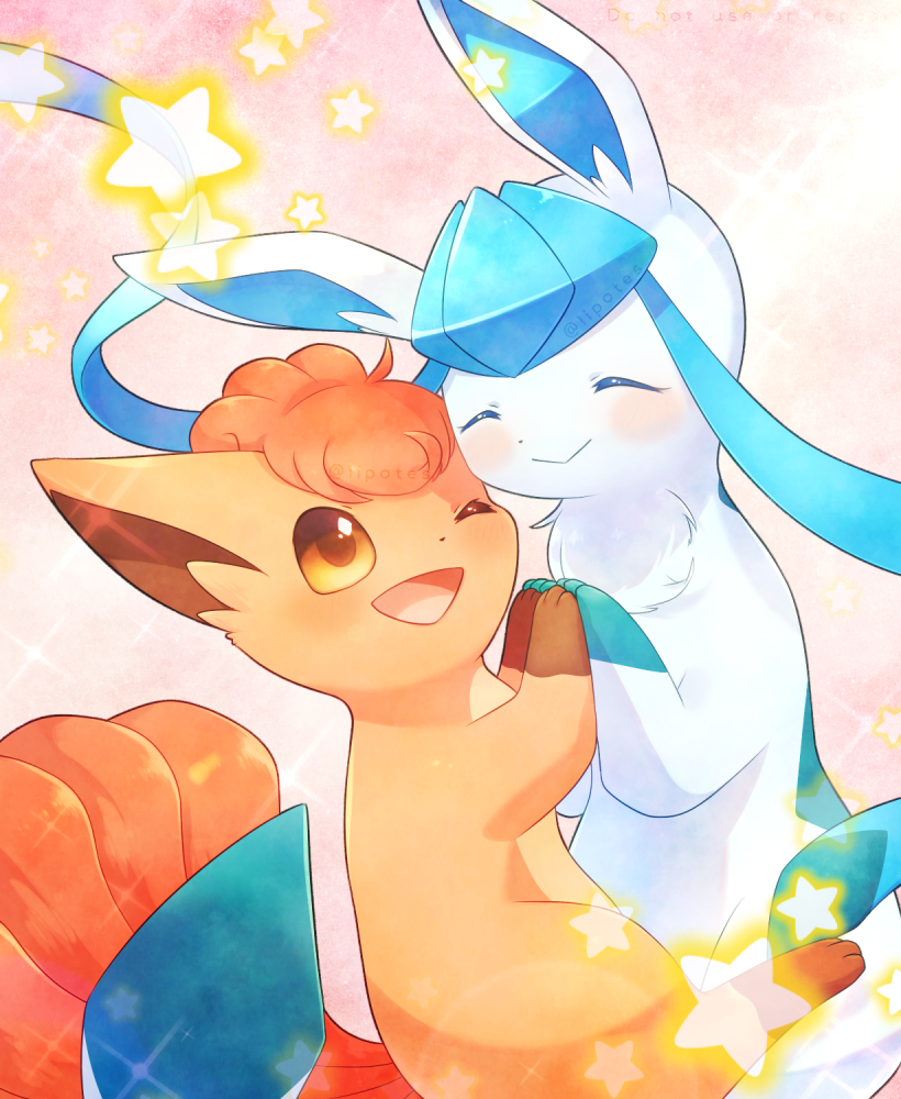 :d alopias closed_eyes closed_mouth fluffy glaceon holding_hands no_humans open_mouth pokemon pokemon_(creature) smile sparkle star_(symbol) vulpix yellow_eyes