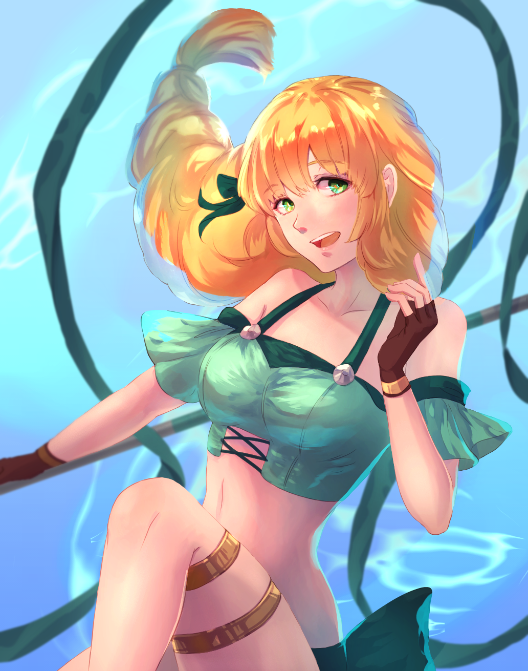 1girl :d alternate_costume bangs bare_shoulders bikini black_gloves blonde_hair breasts commentary_request eyebrows_visible_through_hair fingerless_gloves fire_emblem fire_emblem:_three_houses fire_emblem_heroes floating_hair gloves green_bikini green_eyes green_ribbon green_swimsuit hair_ribbon hand_up highres ingrid_brandl_galatea knee_up long_hair looking_at_viewer medium_breasts navel off-shoulder_bikini off_shoulder official_alternate_costume open_mouth ribbon riou_(pooh920) short_sleeves smile solo stomach swimsuit thighlet thighs