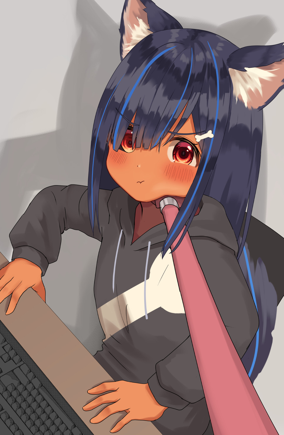 1girl :t animal_ear_fluff animal_ears bangs black_hair black_hoodie blue_hair blush bone_hair_ornament cartoon_bone closed_mouth commentary_request dark-skinned_female dark_skin dog_ears drawstring eyebrows_visible_through_hair hair_ornament hair_over_one_eye highres hood hood_down hoodie keyboard_(computer) leash leash_pull long_hair long_sleeves looking_at_viewer mimikaki_(men_bow) multicolored_hair original pout red_eyes solo streaked_hair tail v-shaped_eyebrows