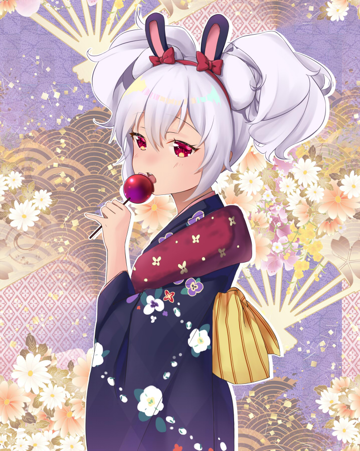 1girl :o animal_ears azur_lane bangs candy candy_apple commentary_request eating eyebrows_visible_through_hair fake_animal_ears food from_side hair_between_eyes hairband head_tilt holding holding_candy holding_food japanese_clothes kimono laffey_(azur_lane) laffey_(snow_rabbit_and_candied_apple)_(azur_lane) long_hair long_sleeves looking_at_viewer looking_to_the_side obi rabbit_ears red_eyes sash sidelocks solo twintails white_hair wide_sleeves yukata
