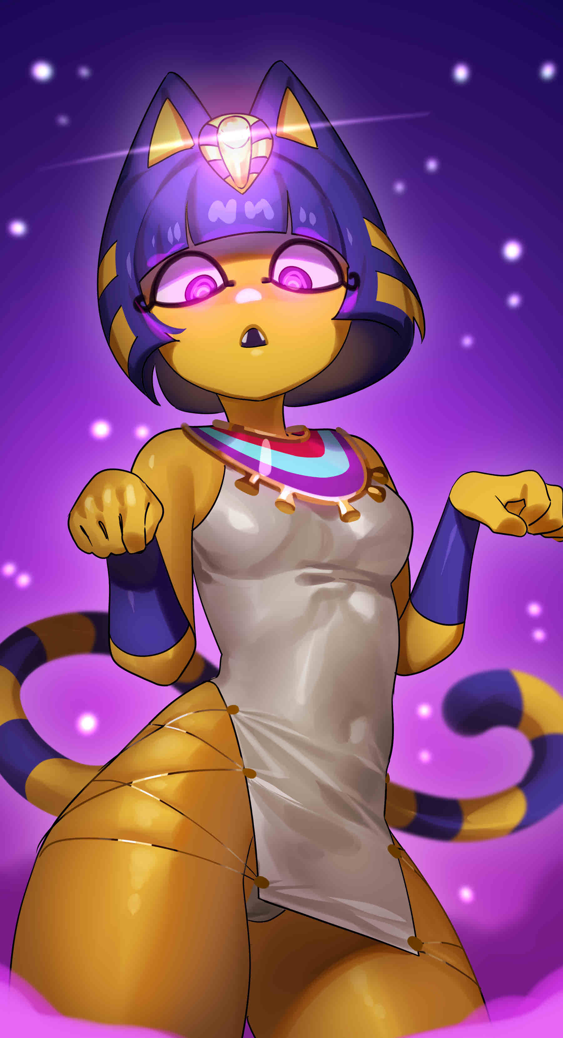 1girl :&lt; absurdres animal_crossing animal_ears ankha_(animal_crossing) bangs bare_shoulders blue_hair blunt_bangs bob_cut bracer breasts cat_ears cat_tail claw_pose commentary covered_navel cowboy_shot cropped_legs derivative_work downcast_eyes dress english_commentary fangs from_below furry furry_female glowing glowing_eyes highres hip_focus hypnosis jewelry lace-up looking_at_viewer looking_down mind_control nia4294 nia_(nia4294) nintendo open_mouth panties pantyshot purple_background purple_hair ringed_eyes short_dress short_hair side_slit skirt small_breasts solo star_(sky) striped_tail tail underwear uraeus usekh_collar violet_eyes white_dress white_panties wide-eyed yellow_skirt