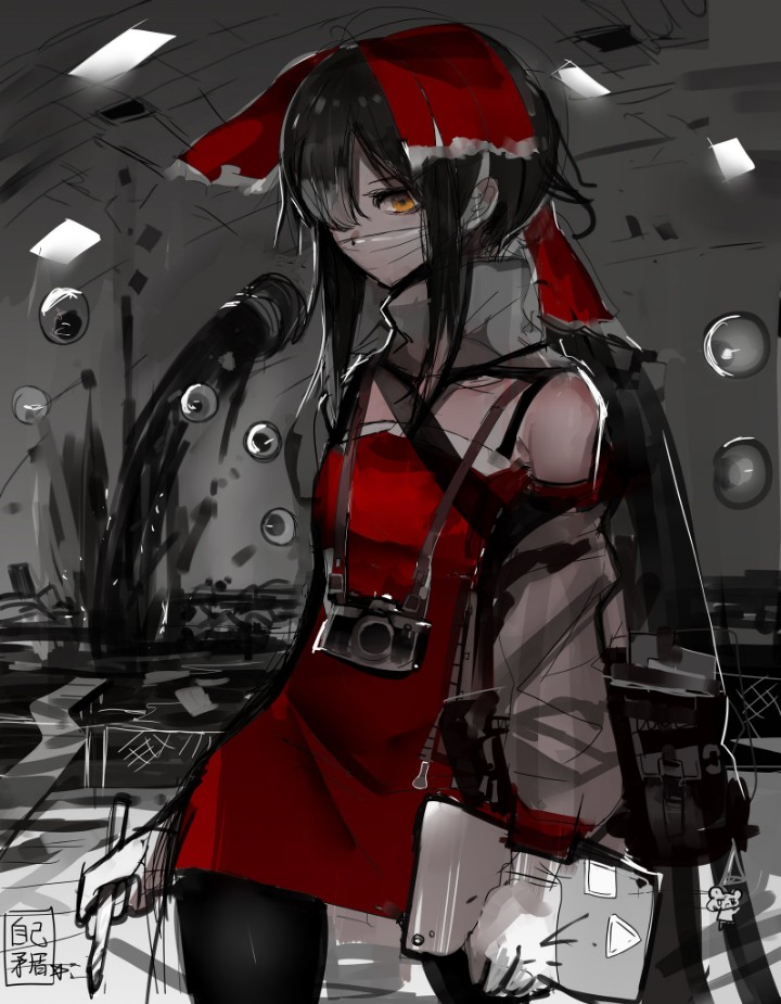 1girl bad_id bad_twitter_id bangs black_hair black_legwear bow brown_eyes camera camera_around_neck cookie_(touhou) cowboy_shot detached_sleeves dress floating_eye fumei_unknown hair_bow hair_over_one_eye hakurei_reimu holding holding_pen long_hair looking_at_viewer mask monochrome_background mouth_mask official_art pen red_bow red_dress signature sketch sleeveless sleeveless_dress solo stylus tablet_pc thigh-highs touhou very_long_hair white_sleeves yuyusu_(cookie)