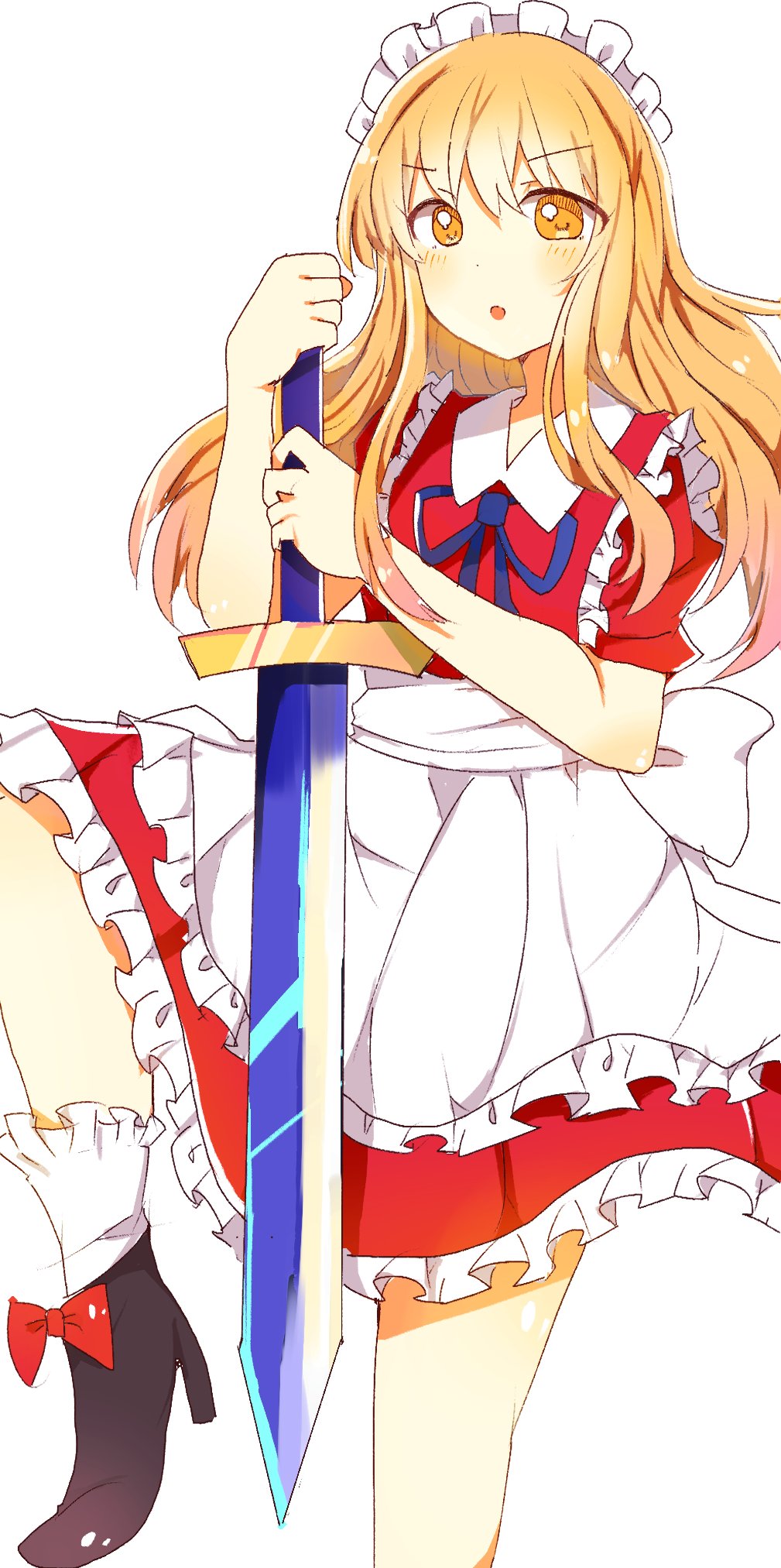 1girl :o apron black_footwear black_neckwear black_ribbon blonde_hair dress eyebrows_visible_through_hair frilled_dress frills high_heels highres holding holding_sword holding_weapon long_hair maid maid_headdress red_dress ribbon short_sleeves simple_background sword touhou touhou_(pc-98) waist_apron weapon white_background yellow_eyes yumeko_(touhou) zeroko-san_(nuclear_f)