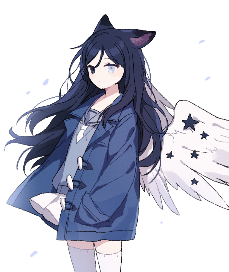 1girl animal_ears black_eyes black_hair blue_jacket clip_studio_paint_(medium) feathered_wings grey_eyes grey_sailor_collar grey_shirt hand_in_pocket heterochromia jacket long_sleeves moffle_(ayabi) open_clothes open_jacket original pleated_skirt sailor_collar school_uniform serafuku shirt simple_background skirt solo star_(symbol) sweater_vest thigh-highs white_background white_legwear white_skirt white_wings wings