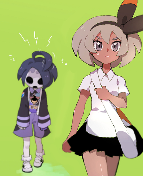 1boy 1girl ahoge allister_(pokemon) bag bangs bea_(pokemon) black_hair black_skirt bow_hairband brown_hairband chiimako closed_mouth collared_shirt commentary_request eyelashes gloves green_background grey_eyes grey_hair hairband holding_strap long_sleeves mask pleated_skirt pokemon pokemon_(game) pokemon_swsh school_uniform shiny shiny_skin shirt shoes short_hair short_sleeves shorts shoulder_bag single_glove skirt standing suspender_shorts suspenders sweatdrop white_bag white_footwear white_shirt