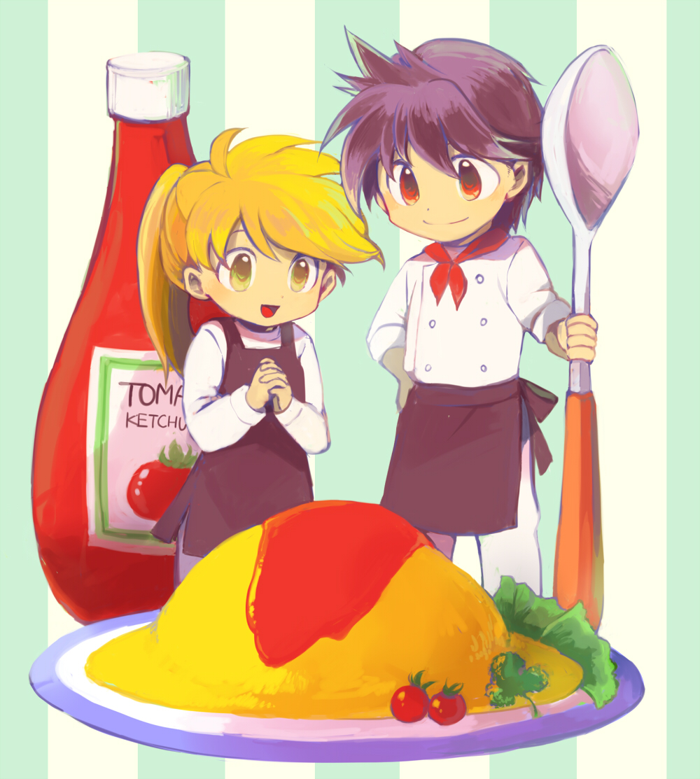 1boy 1girl apron bangs blonde_hair brown_apron buttons closed_mouth commentary_request food hand_on_hip holding holding_spoon interlocked_fingers ketchup_bottle long_hair miniboy minigirl omurice open_mouth own_hands_together pants pokemon pokemon_adventures ponytail red_(pokemon) shirt short_hair smile spoon tomato tongue waist_apron white_pants white_shirt yellow_(pokemon) yellow_eyes yui_ko