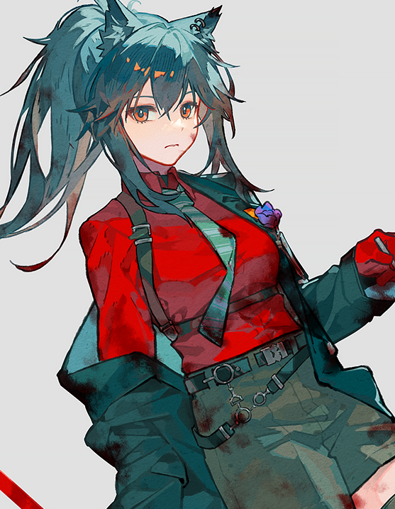 1girl animal_ears arknights bangs belt black_coat black_hair black_shorts blood blood_on_clothes blood_on_face breasts closed_mouth coat collared_shirt cowboy_shot dutch_angle ear_piercing gloves green_neckwear grey_background holding long_hair long_sleeves looking_at_viewer medium_breasts necktie official_alternate_costume open_clothes open_coat piercing ponytail qiqu red_eyes red_gloves red_shirt shirt shorts sidelocks simple_background solo texas_(arknights) texas_(willpower)_(arknights) wolf_ears