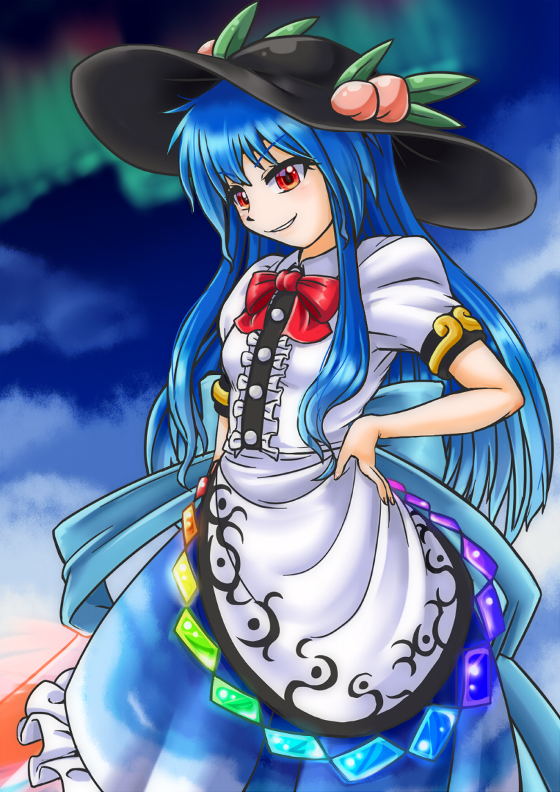 1girl aurora black_headwear blue_hair blue_skirt commentary_request covered_navel cowboy_shot food fruit hand_on_hip hat hinanawi_tenshi holding holding_weapon keystone long_hair looking_at_viewer mail_(mail_gell) night night_sky peach puffy_short_sleeves puffy_sleeves rainbow_order red_eyes shirt shoes short_sleeves skirt sky solo standing sword sword_of_hisou touhou weapon white_shirt