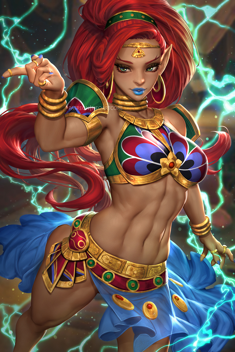 1girl abs breasts crop_top dark_skin earrings electricity feet_out_of_frame gerudo hoop_earrings jewelry long_hair medium_breasts midriff navel neoartcore pointy_ears redhead ring solo tagme the_legend_of_zelda the_legend_of_zelda:_breath_of_the_wild thick_thighs thighs urbosa very_long_hair