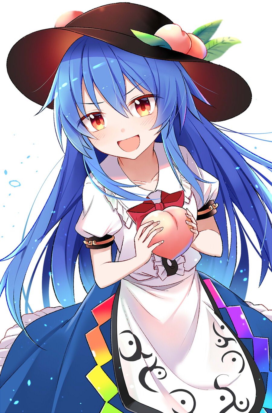 1girl :d black_headwear blue_hair bow bowtie commentary_request e.o. eyebrows_visible_through_hair food fruit hair_between_eyes hat highres hinanawi_tenshi holding holding_food holding_fruit long_hair looking_at_viewer open_mouth orange_eyes peach puffy_short_sleeves puffy_sleeves red_neckwear short_sleeves simple_background smile solo touhou white_background
