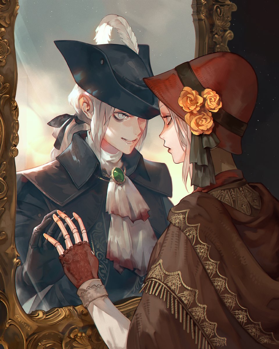 2girls ascot bangs black_headwear black_ribbon blood blood_on_clothes bloodborne bonnet brown_gloves cloak doll_joints fingerless_gloves flower gloves grey_eyes hair_ribbon hat hat_feather hat_flower highres jiro_(ninetysix) joints lady_maria_of_the_astral_clocktower long_hair long_sleeves looking_at_another low_ponytail mirror multiple_girls orange_flower plain_doll ponytail red_gloves red_headwear ribbon rose short_hair teeth tricorne