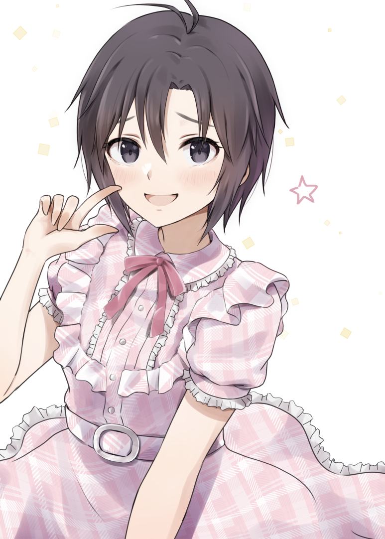 1girl :d antenna_hair bangs belt belt_buckle black_eyes black_hair blush bow buckle commentary dress dress_bow finger_to_face frilled_dress frills hair_between_eyes idolmaster idolmaster_(classic) kikuchi_makoto looking_at_viewer mogskg open_mouth pink_bow pink_dress plaid plaid_dress pointing pointing_at_self puffy_short_sleeves puffy_sleeves raised_eyebrows short_hair short_sleeves smile solo sparkle star_(symbol) upper_body white_background